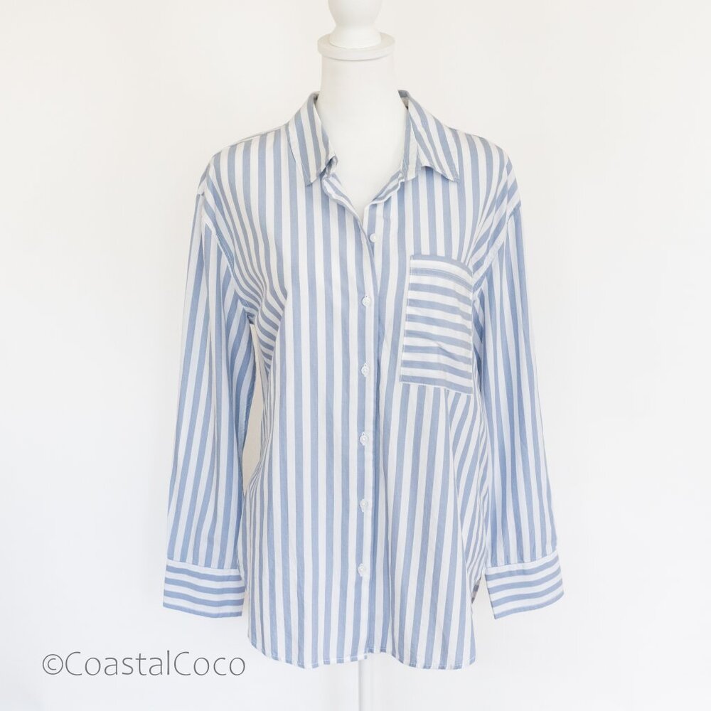 Lola River XL Striped Collared Button Down Shirt Cotton Lyocell Summer Coastal